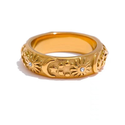 SterrenGoud - Vintage 18K Gouden Ring met Zon, Ster en Maan